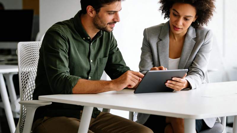 两人共看平板 专注讨论中图片