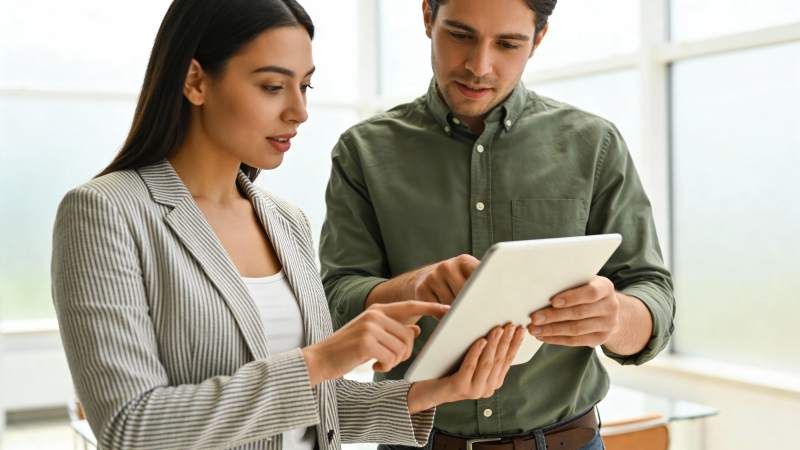 同事共看平板讨论工作图片