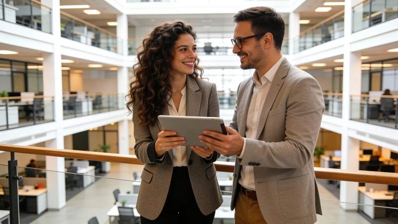 商务同事楼内平板交流图片