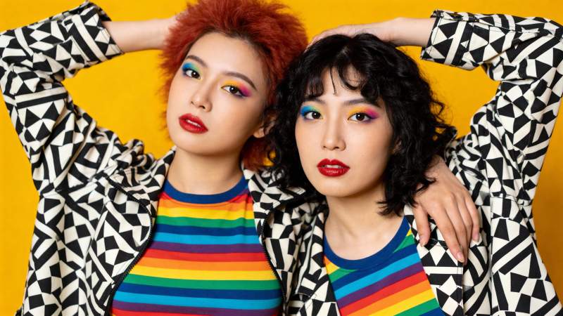 彩虹穿搭 几何外套双姝照图片