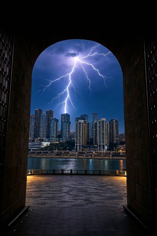 闪电劈城 拱门框住震撼夜图片