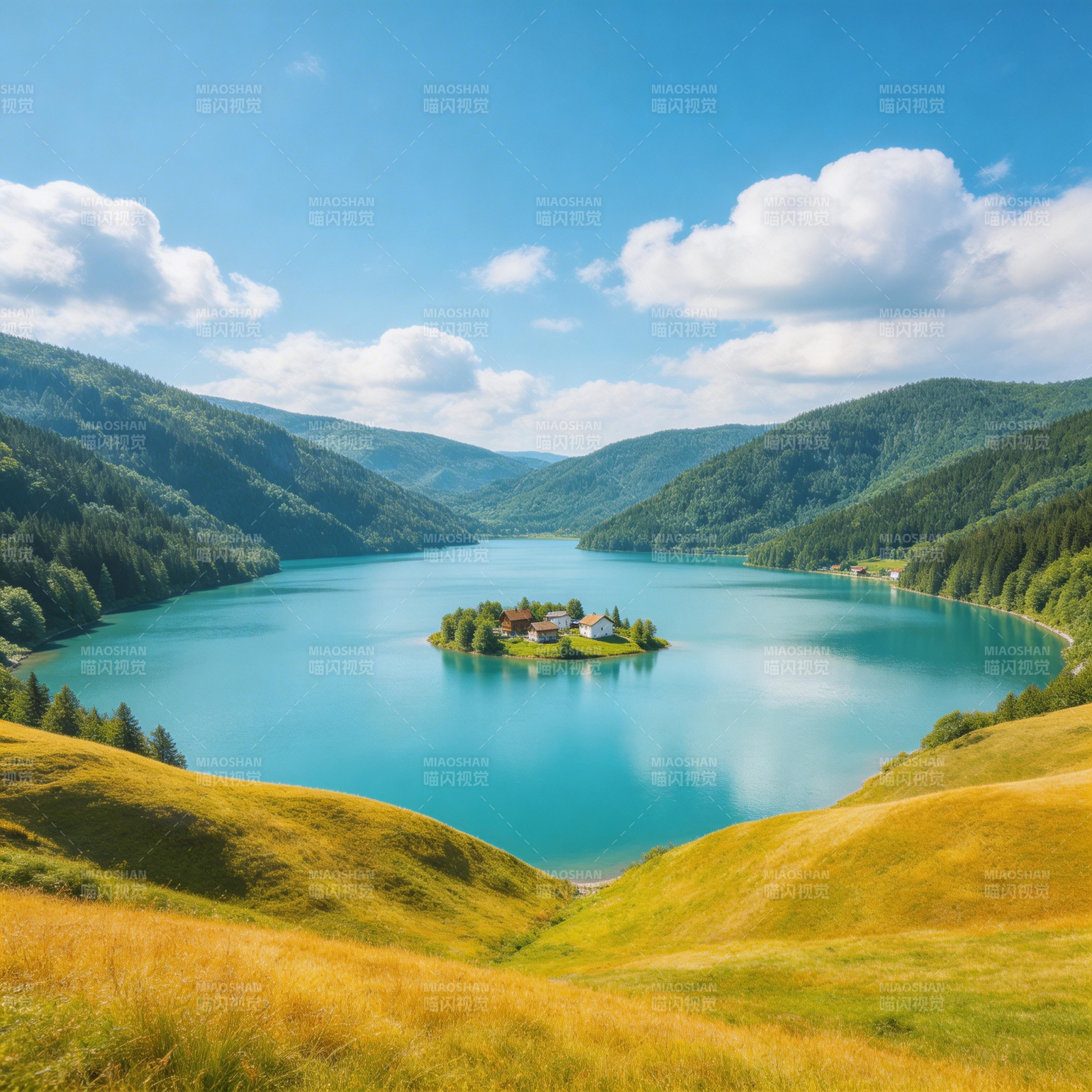 湖心小岛 青山环抱碧蓝水图片