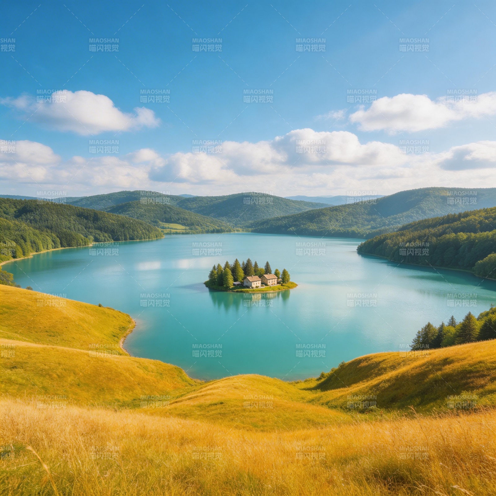 湖心小岛 青山环绕如画卷图片