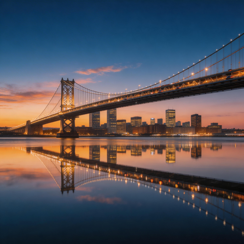 暮色大桥倒影如镜图片