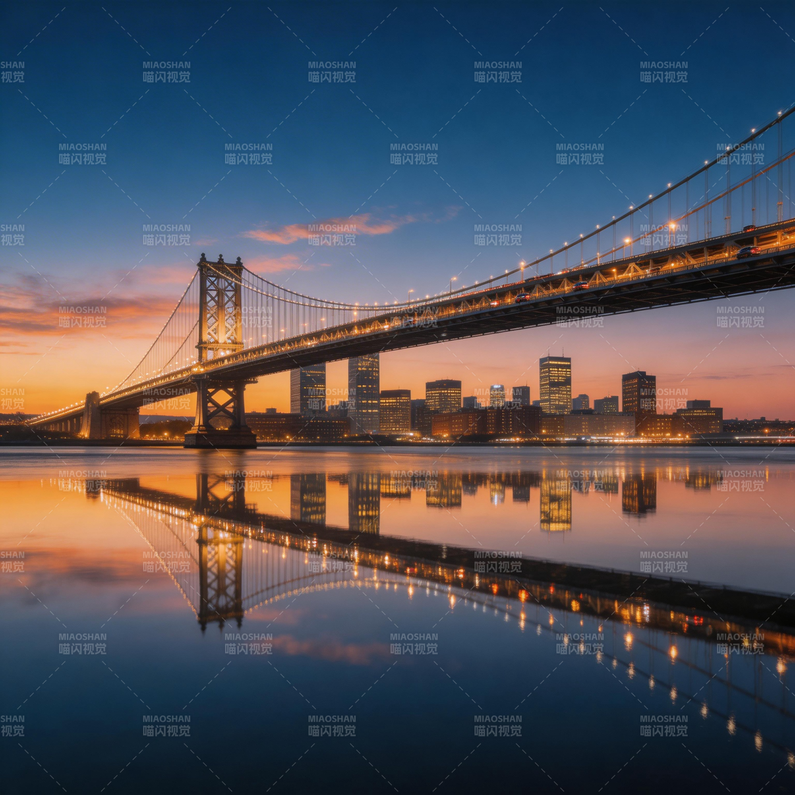 暮色大桥倒影如镜图片