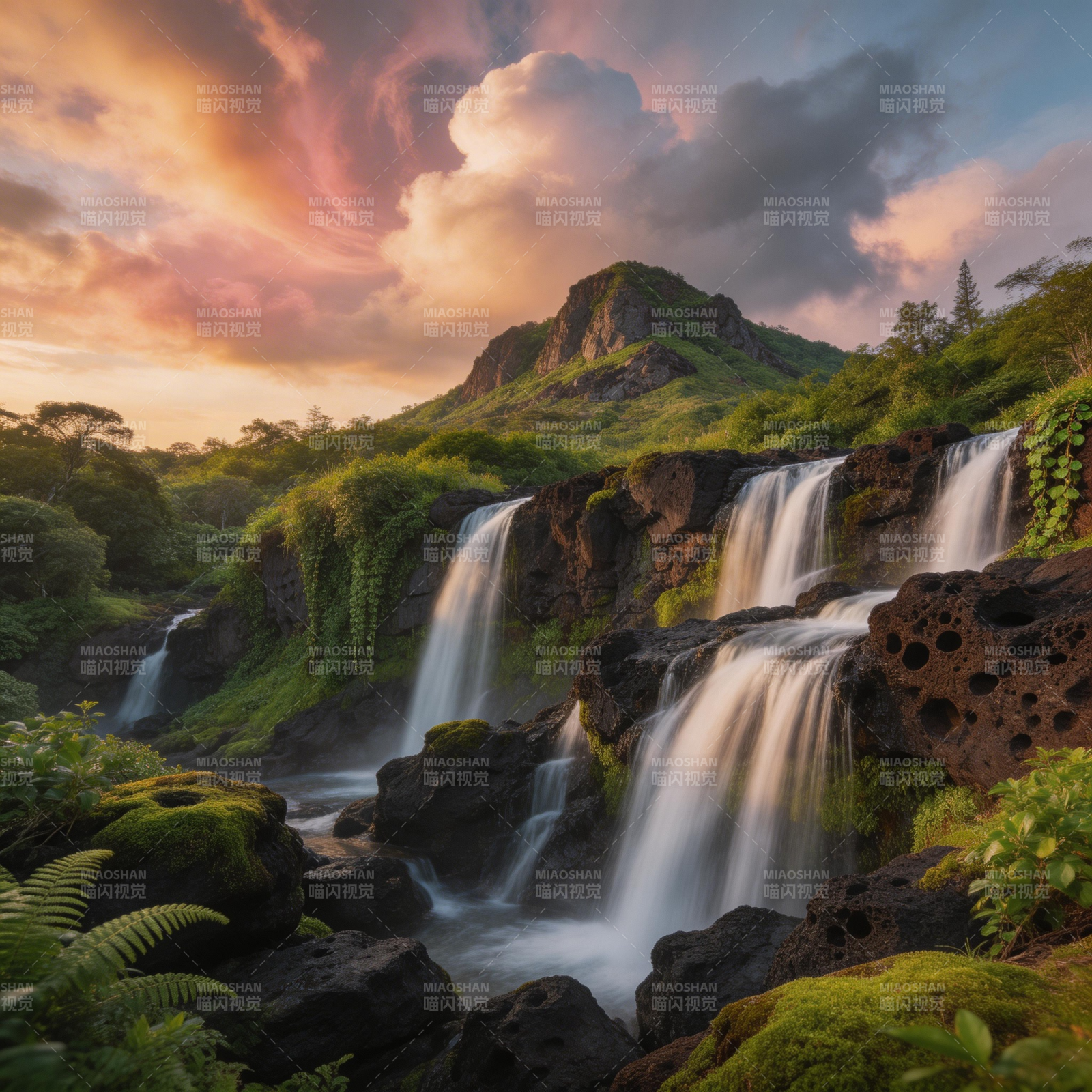 夕阳瀑布 青山如黛图片