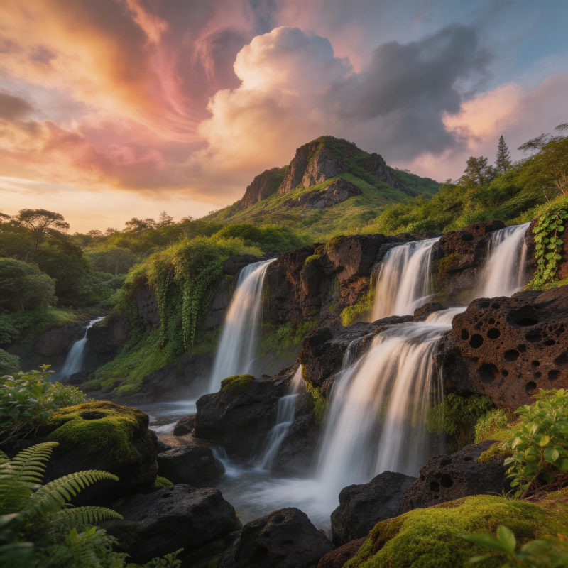 夕阳瀑布 青山如黛图片
