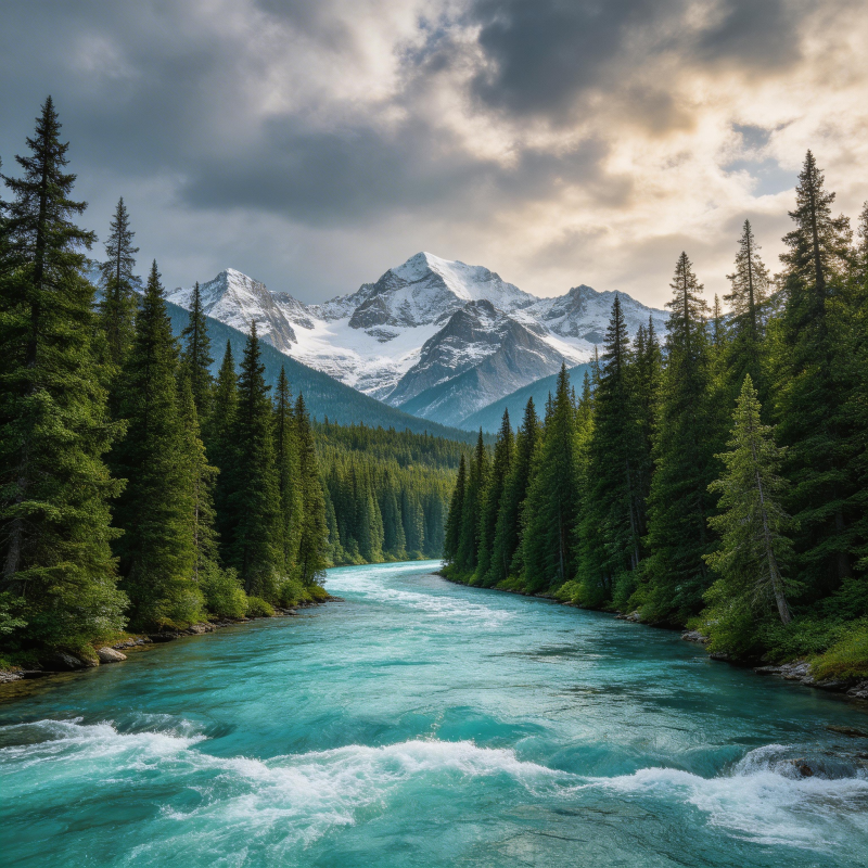 雪山碧河穿林间图片