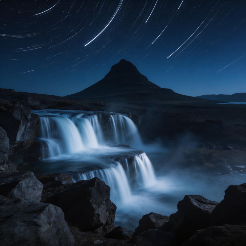 星轨下的瀑布与孤峰图片