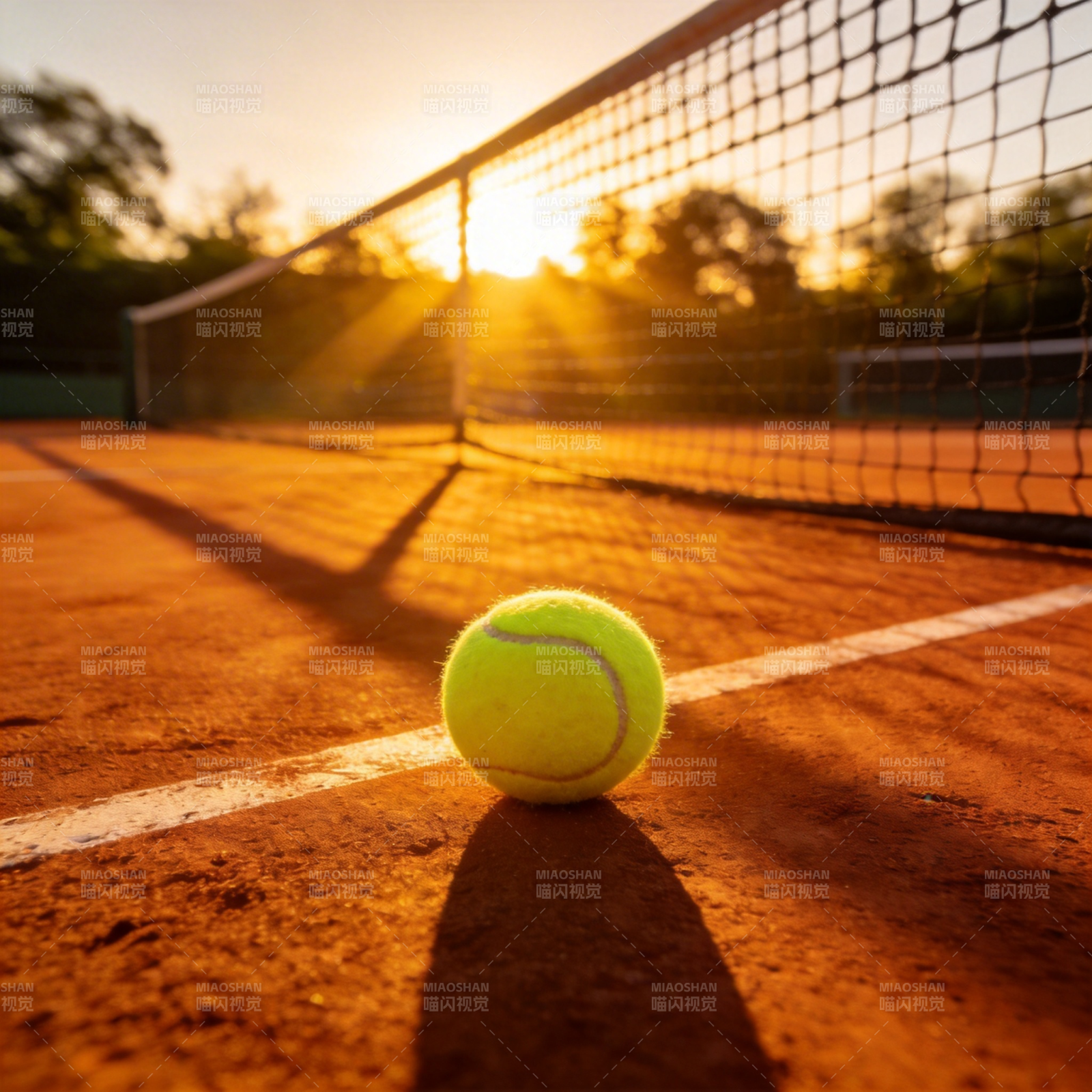 夕阳下的网球静候开赛图片