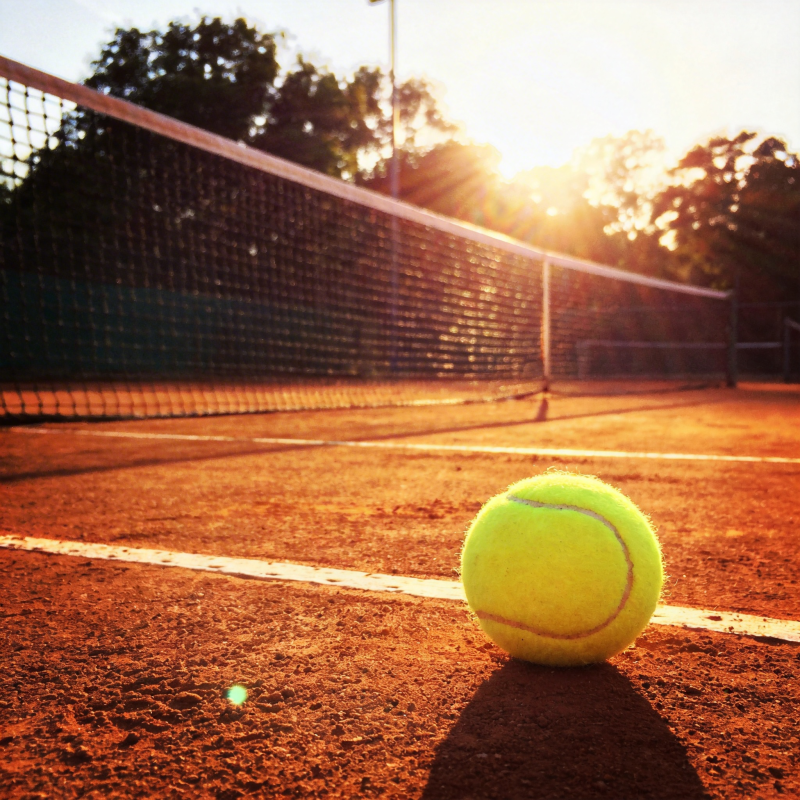 夕阳下的网球静候发球图片