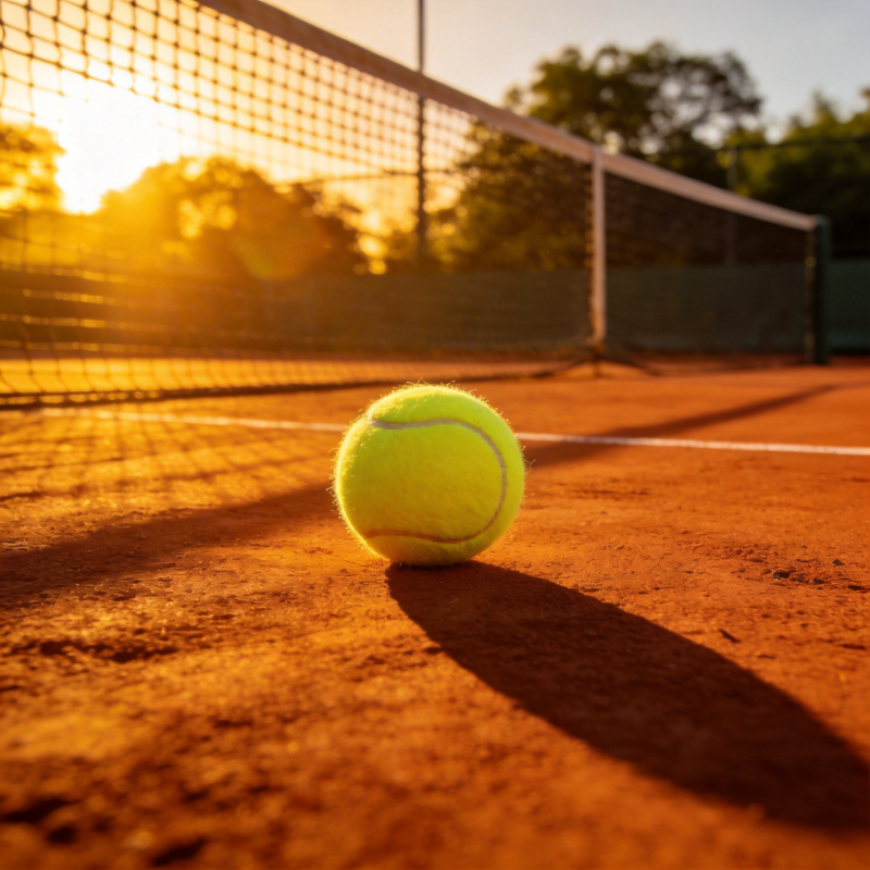 夕阳下的网球静候开赛图片