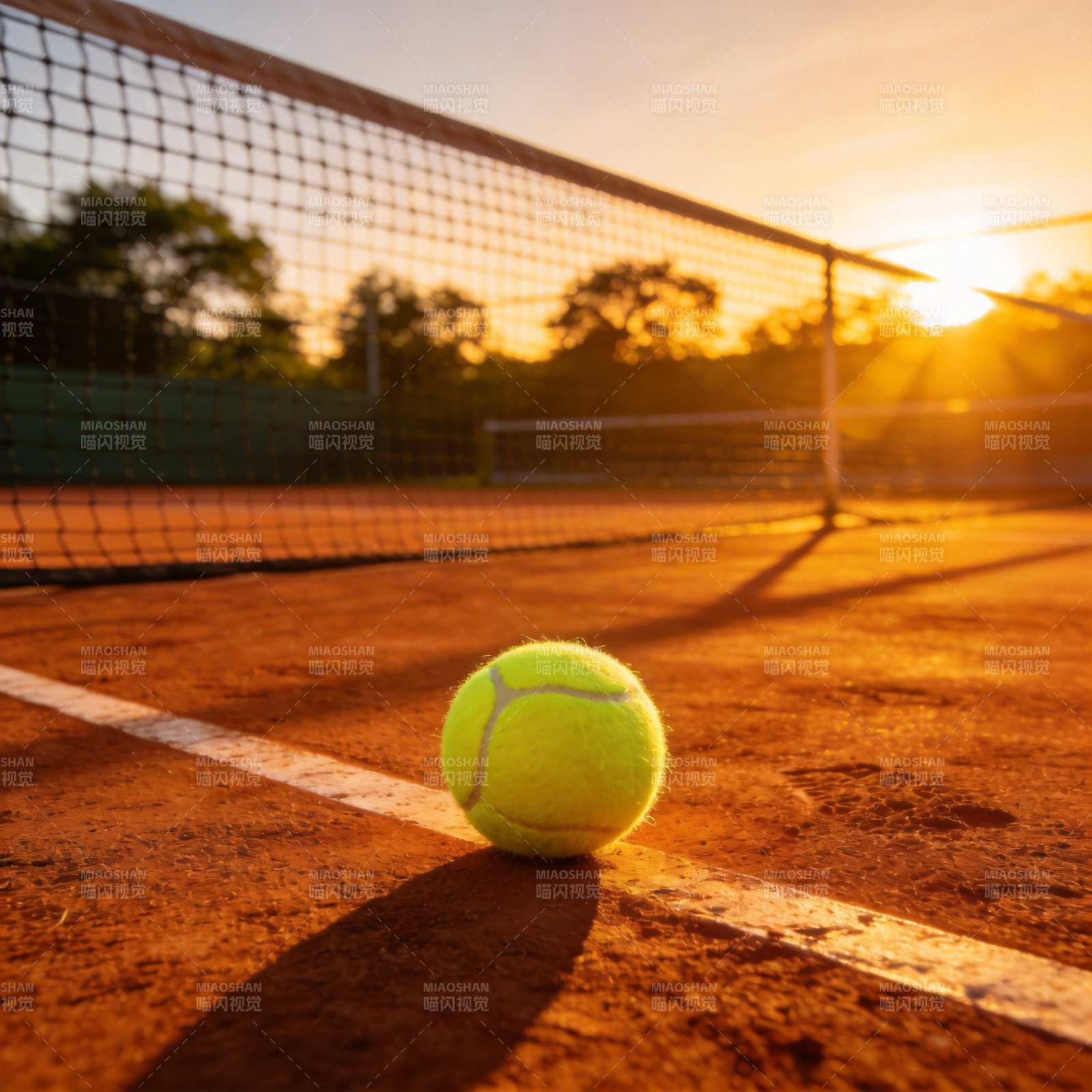 夕阳下的网球静候开赛图片