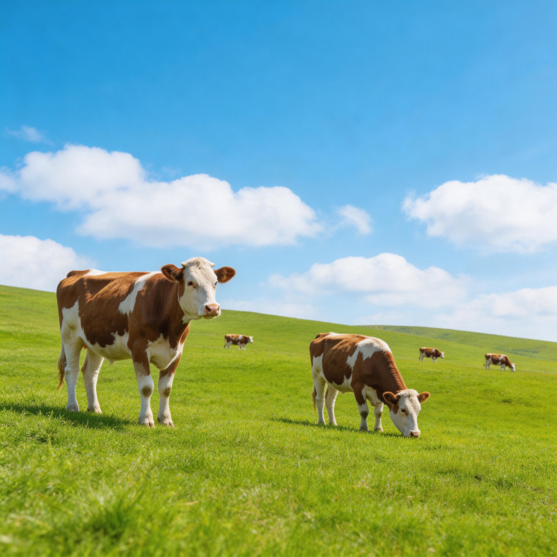 蓝天白云下 牛群悠闲吃草图片