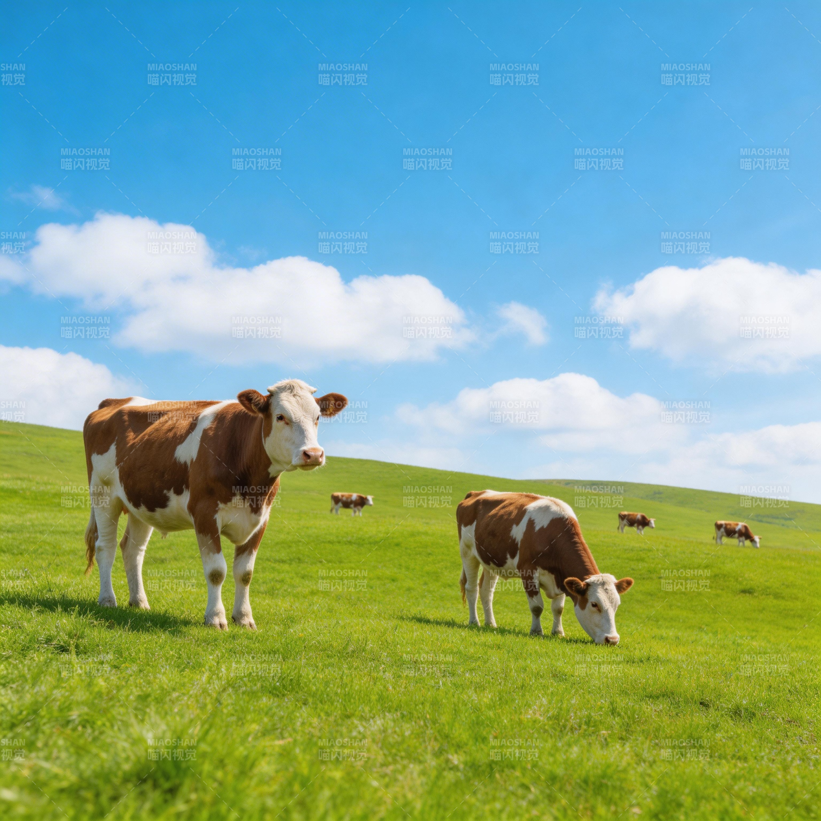 蓝天白云下 牛群悠闲吃草图片