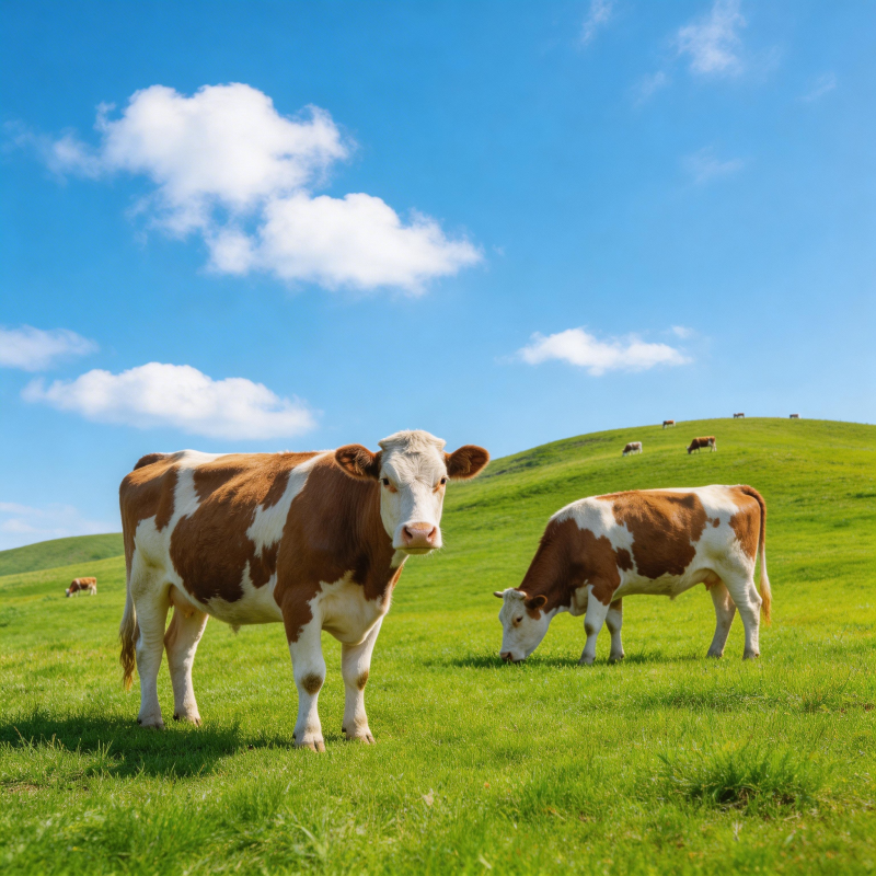 蓝天白云下 奶牛悠闲吃草图片