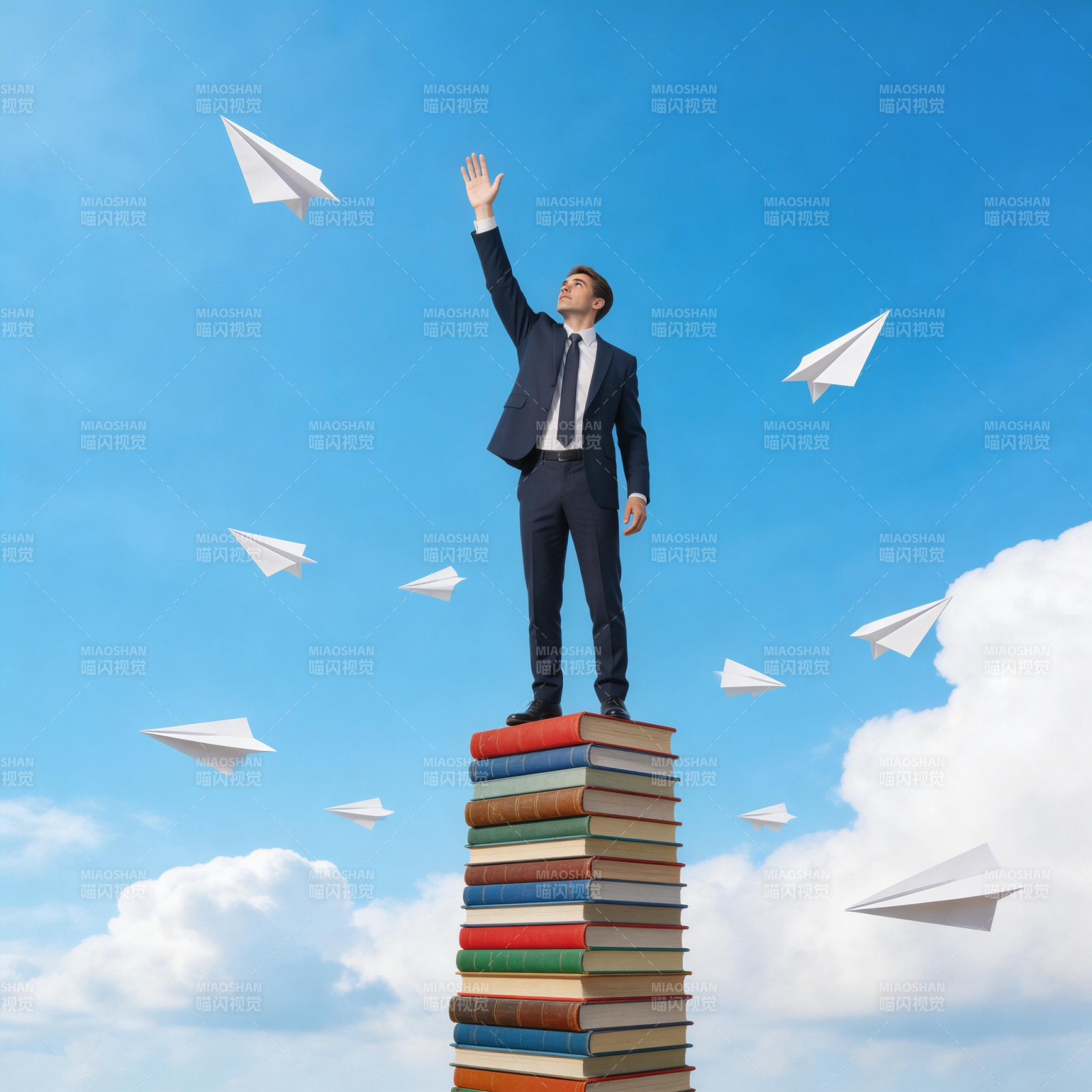 书堆之上 纸飞机伴飞梦想图片