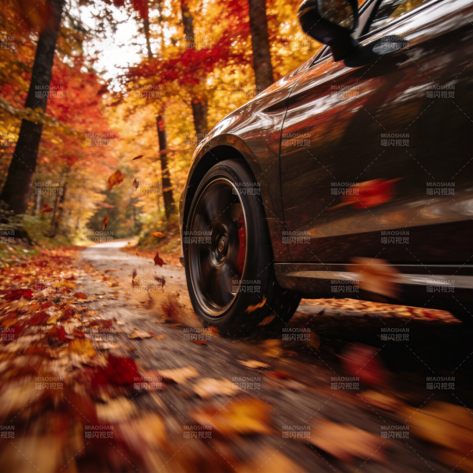 秋日疾驰 落叶飞舞伴车行图片