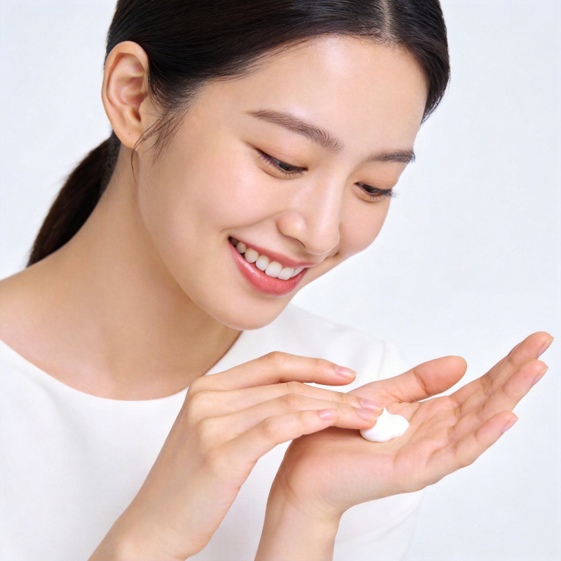 微笑女子轻触掌心乳霜图片