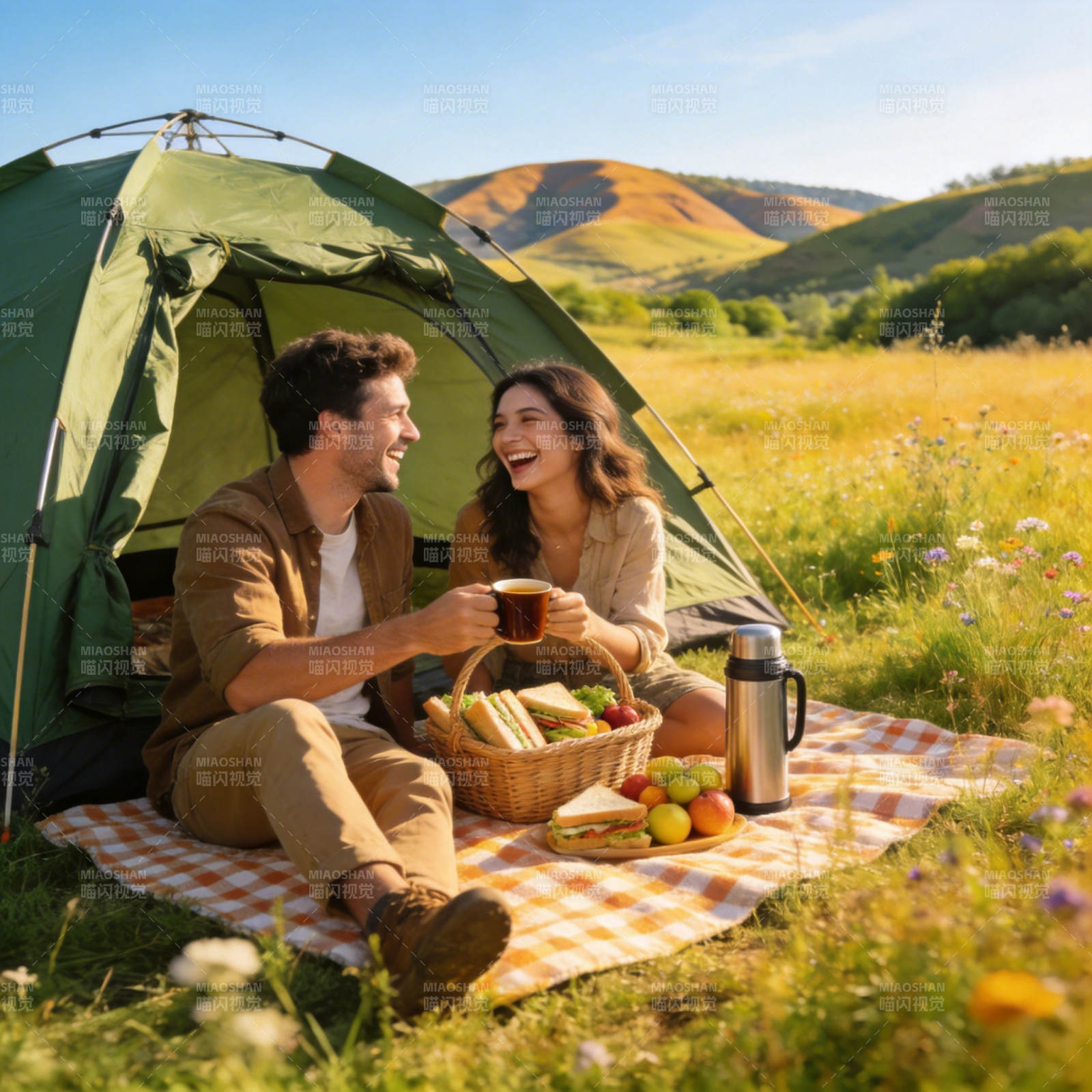 帐篷旁野餐 笑语盈山野图片