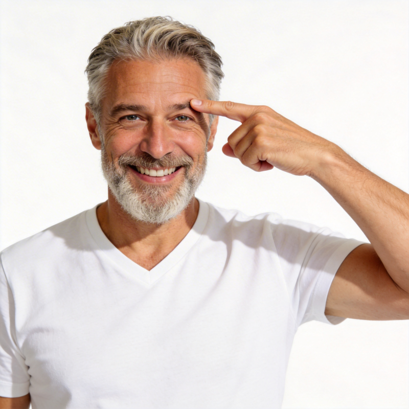 银发男士微笑指额头图片