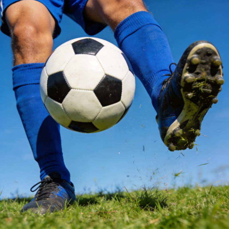 绿茵场上 蓝袜球员踢足球图片