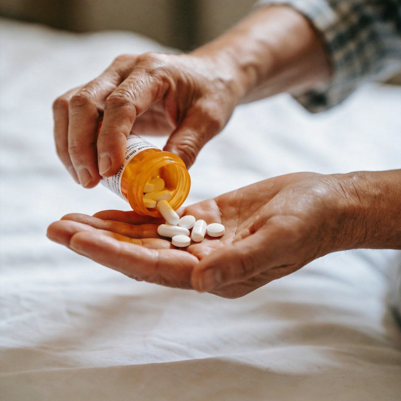 老人倒药片入掌心图片