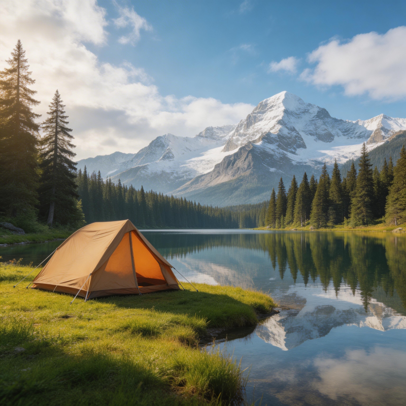 湖畔雪山下的橙色帐篷图片