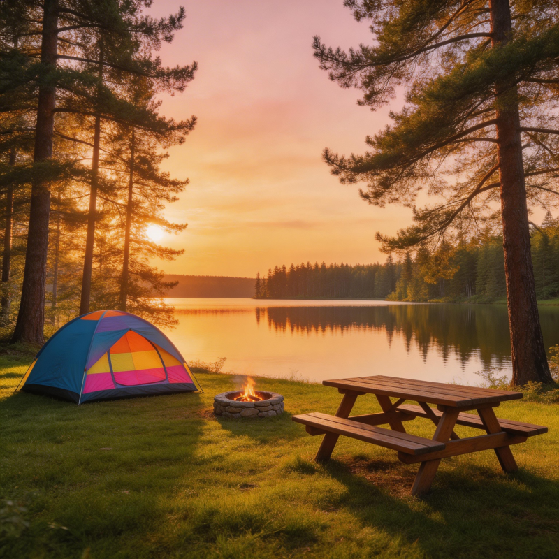 湖畔露营 夕阳篝火伴帐篷图片