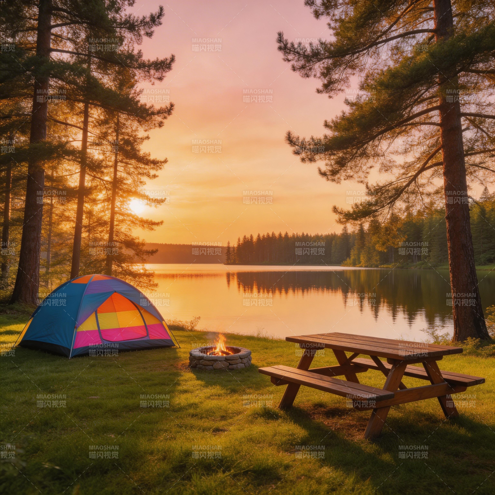 湖畔露营 夕阳篝火伴帐篷图片