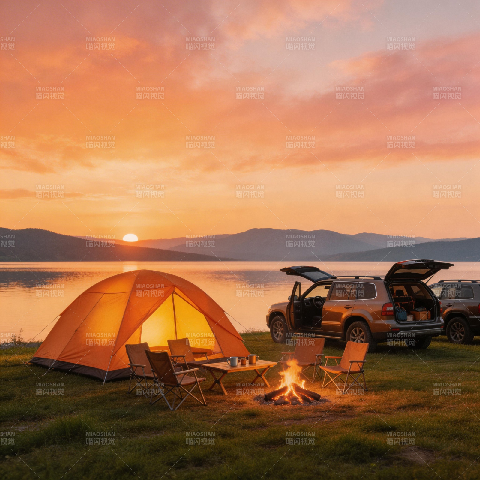 湖畔露营 夕阳篝火伴帐篷图片