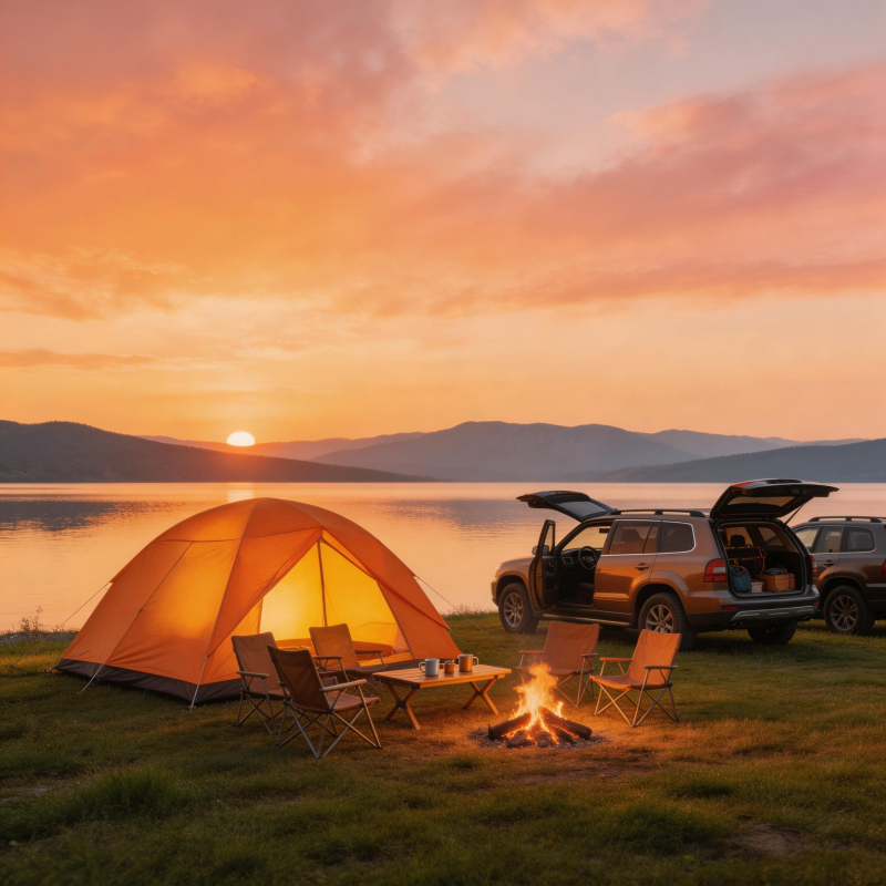 湖畔露营 夕阳篝火伴帐篷图片