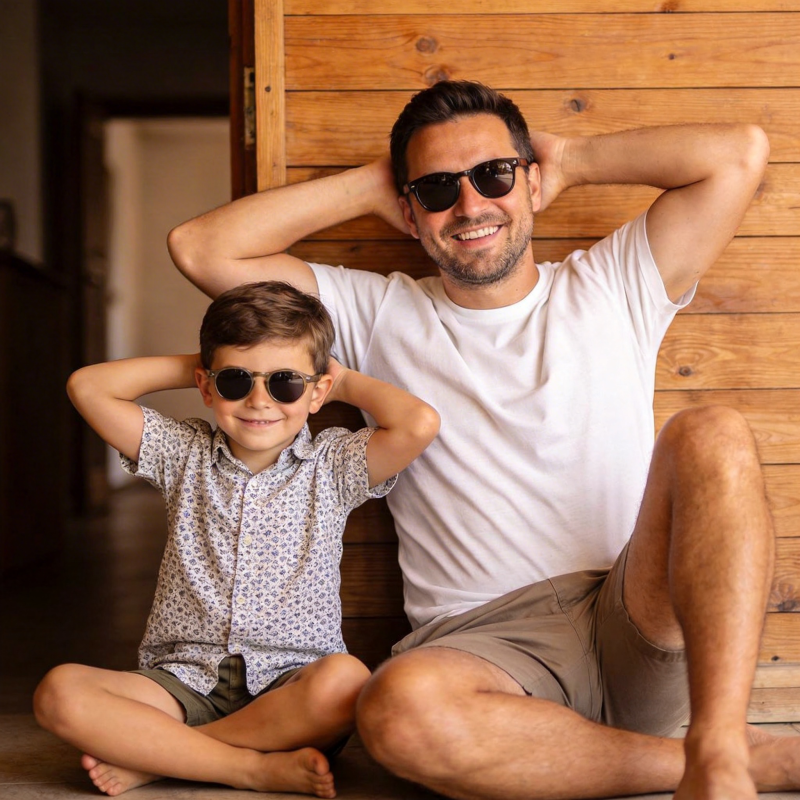 父子戴墨镜 悠闲靠木墙图片