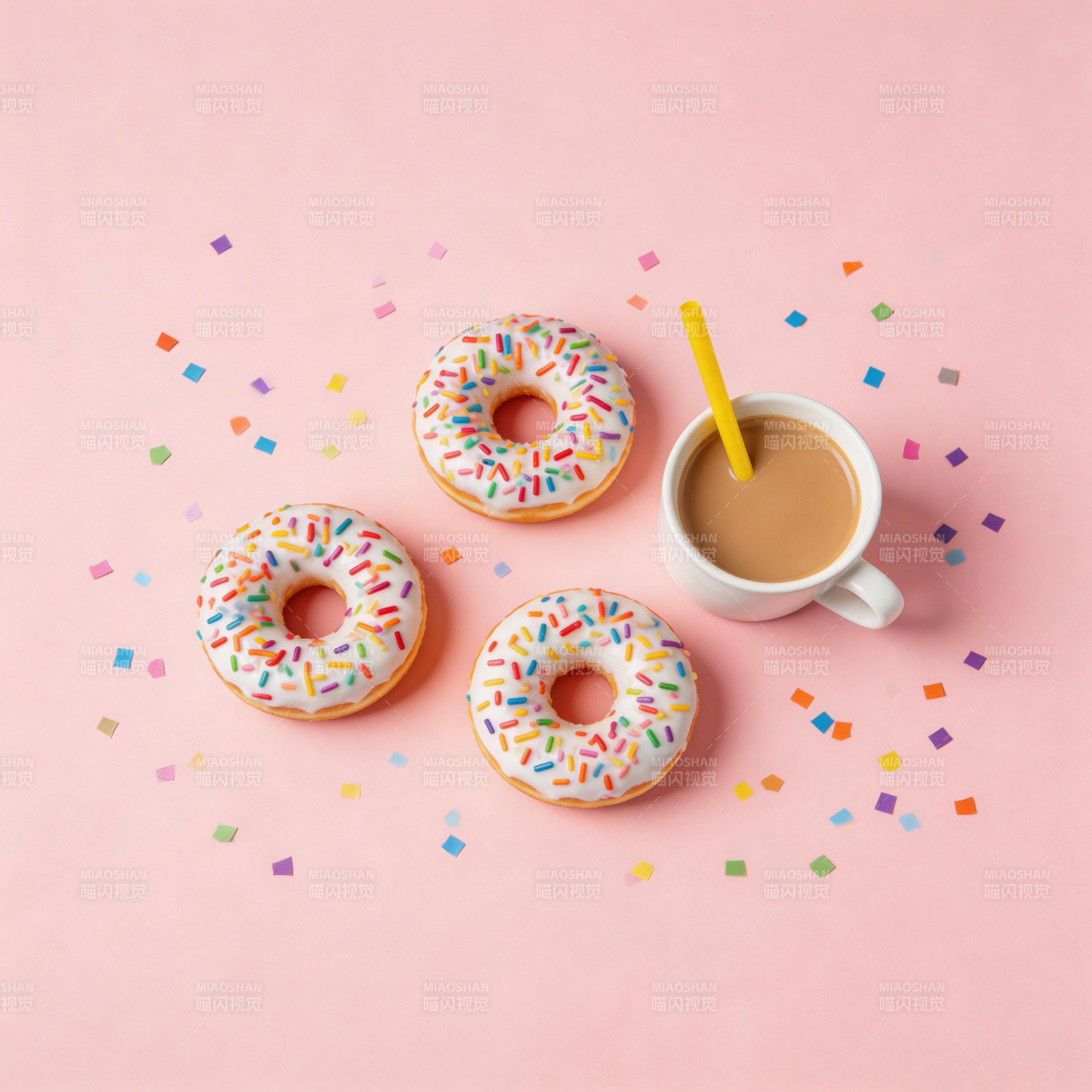 甜甜圈配咖啡 彩屑点缀粉背景图片