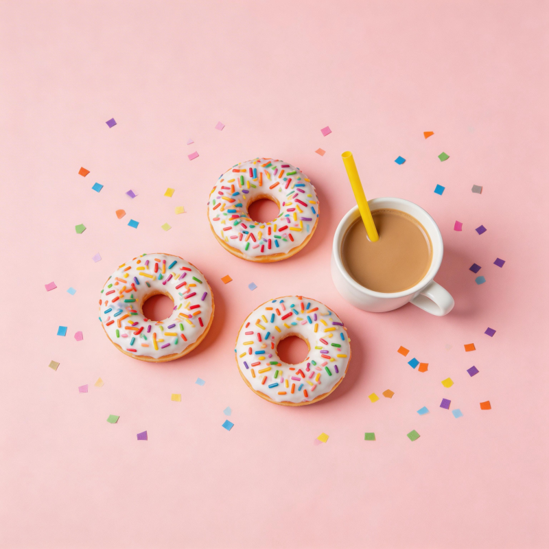 甜甜圈配咖啡 彩屑点缀粉背景图片