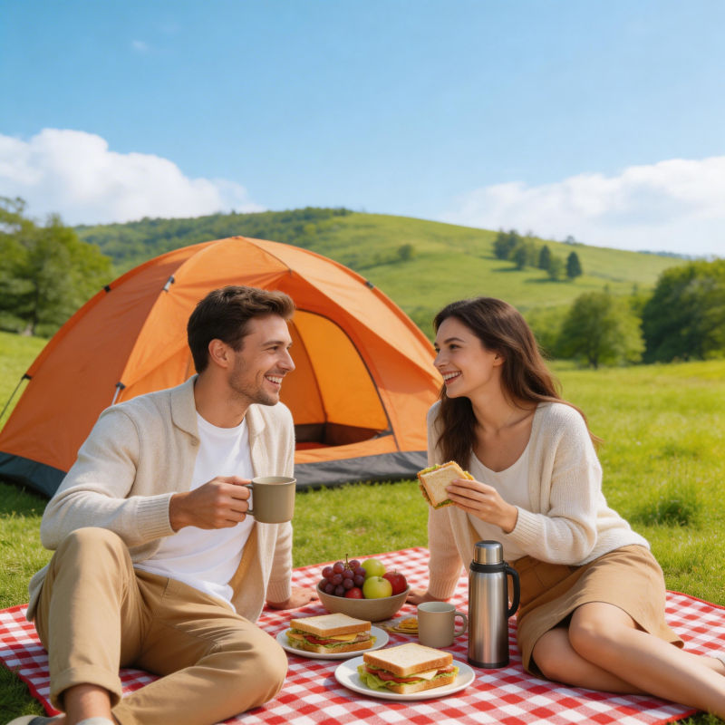 帐篷旁野餐 情侣笑谈享美食图片