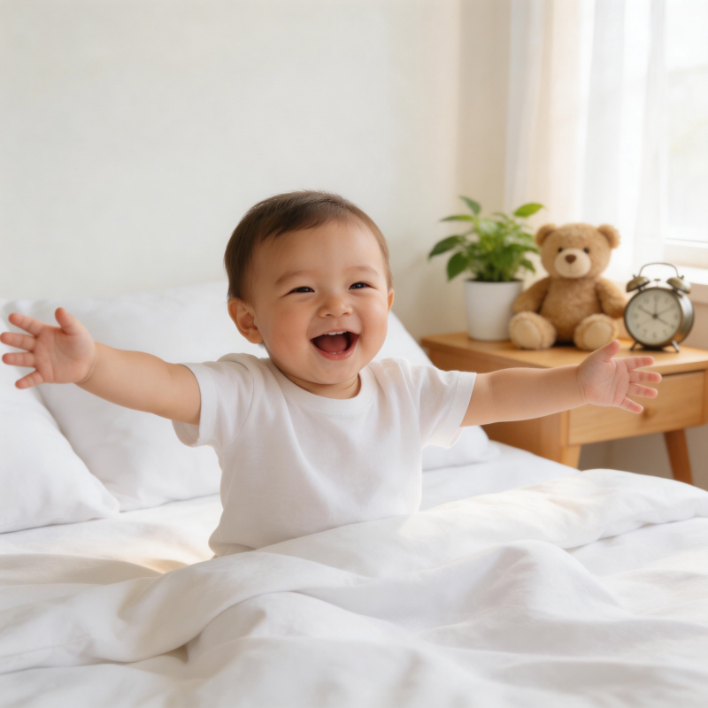 宝宝床上开心笑 双臂张开迎晨光图片