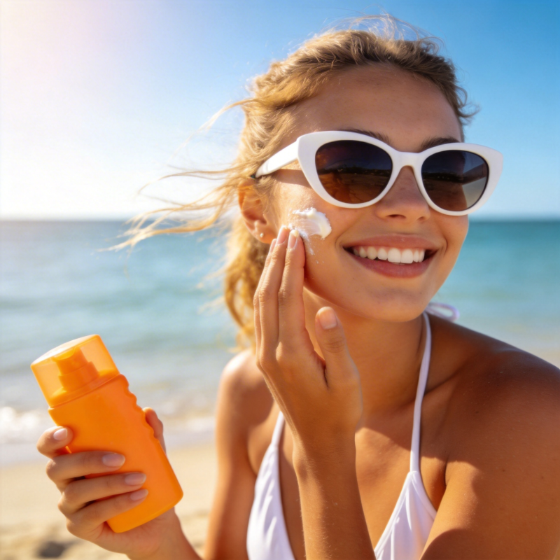 海边涂防晒 笑迎阳光图片