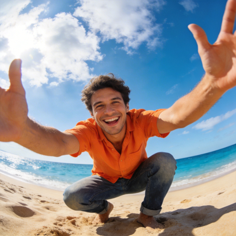 沙滩阳光笑 张开双臂迎蓝天图片