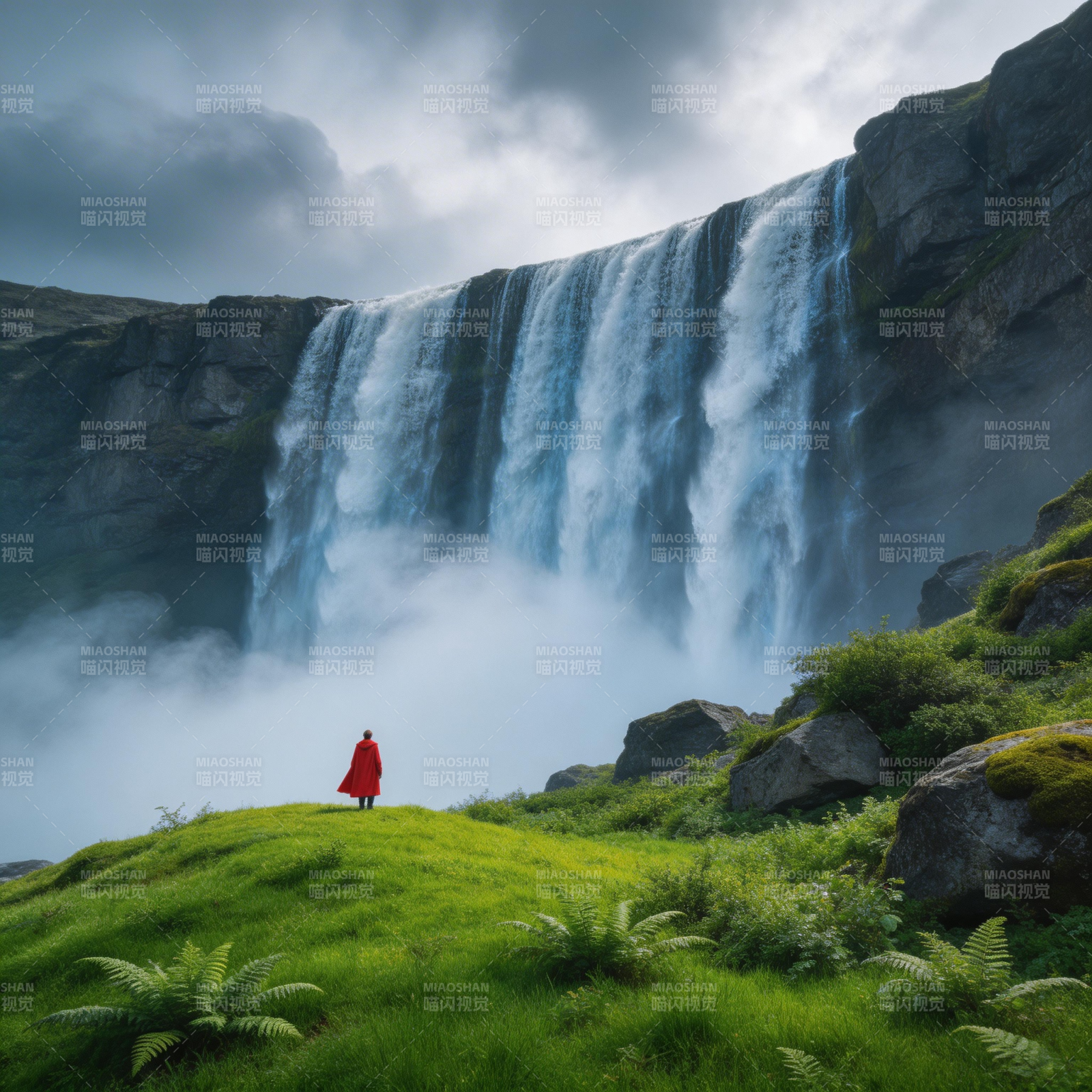 红袍人立瀑布前图片