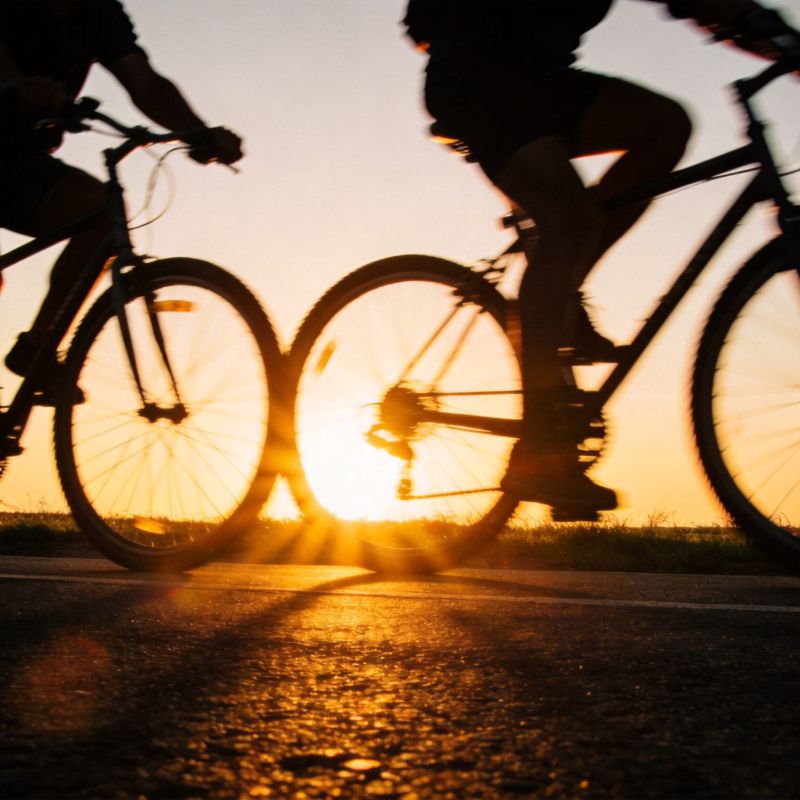 夕阳下骑行剪影图片