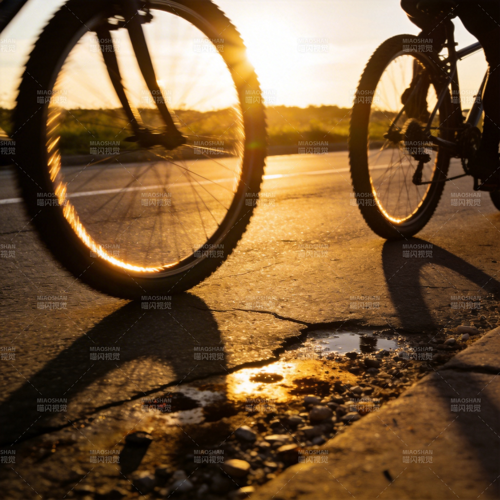 夕阳下的骑行剪影图片