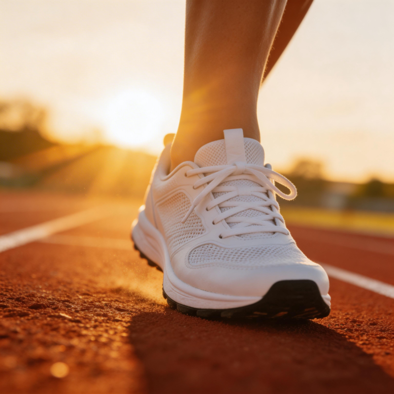 夕阳下奔跑的白色跑鞋图片