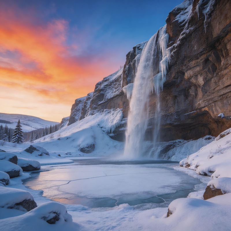 雪瀑映霞 冰封仙境图片