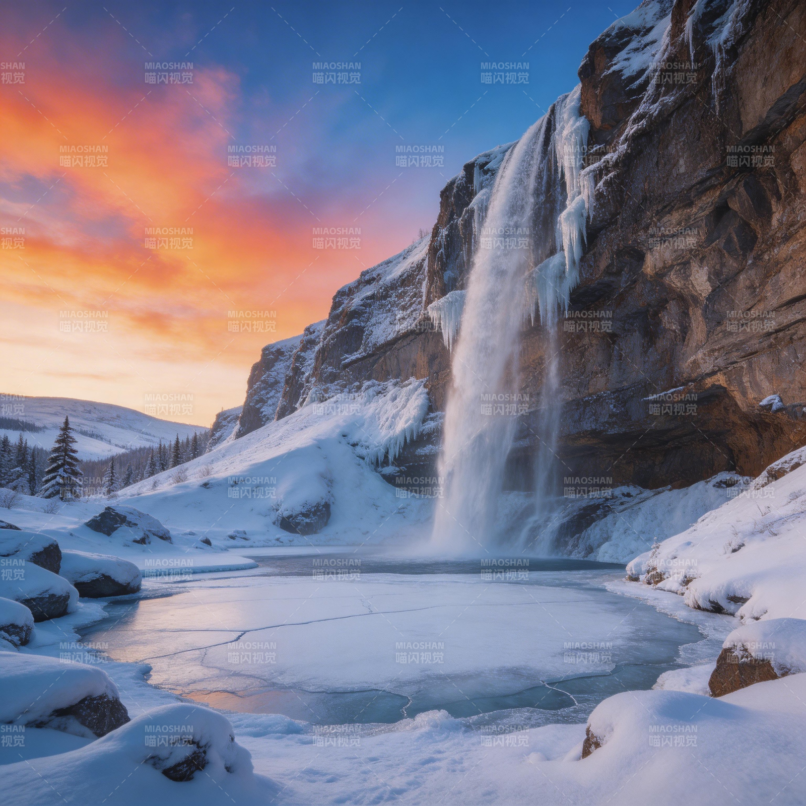 雪瀑映霞 冰封仙境图片