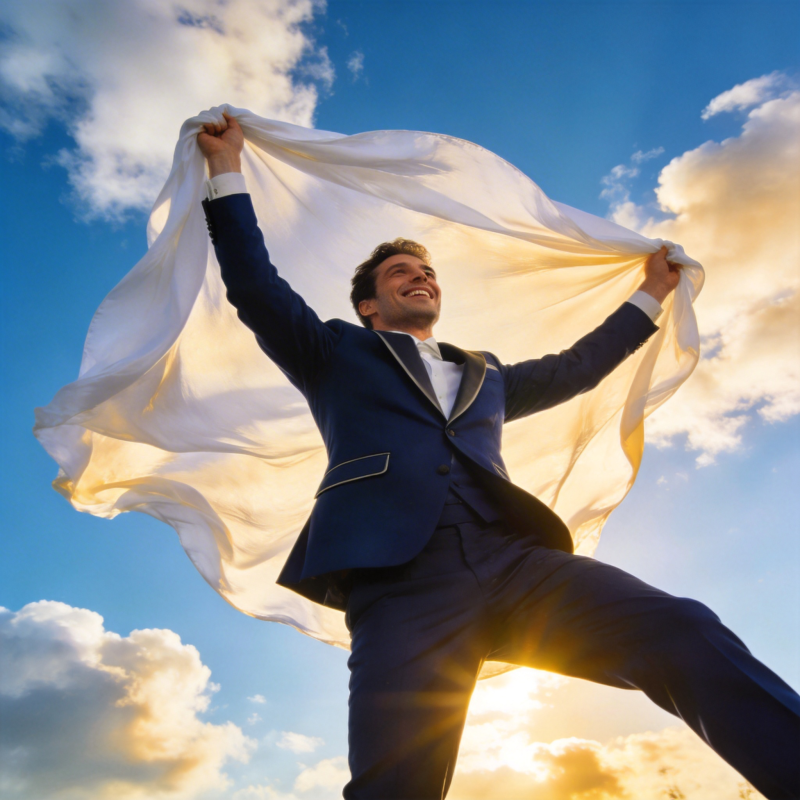 西装男举白布迎朝阳图片