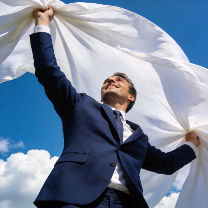 西装男举白布迎蓝天图片
