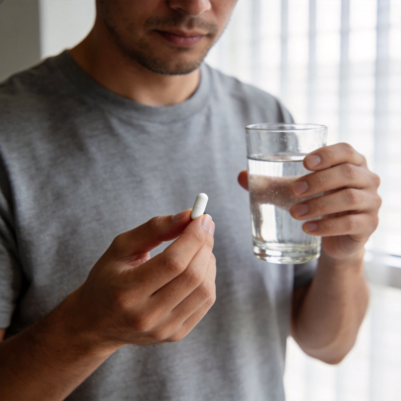 男子持药片与水杯准备服药图片