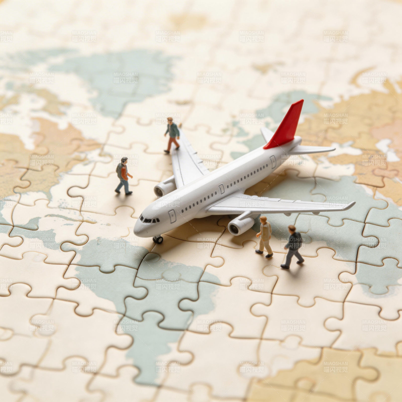 拼图上的飞机与旅人图片