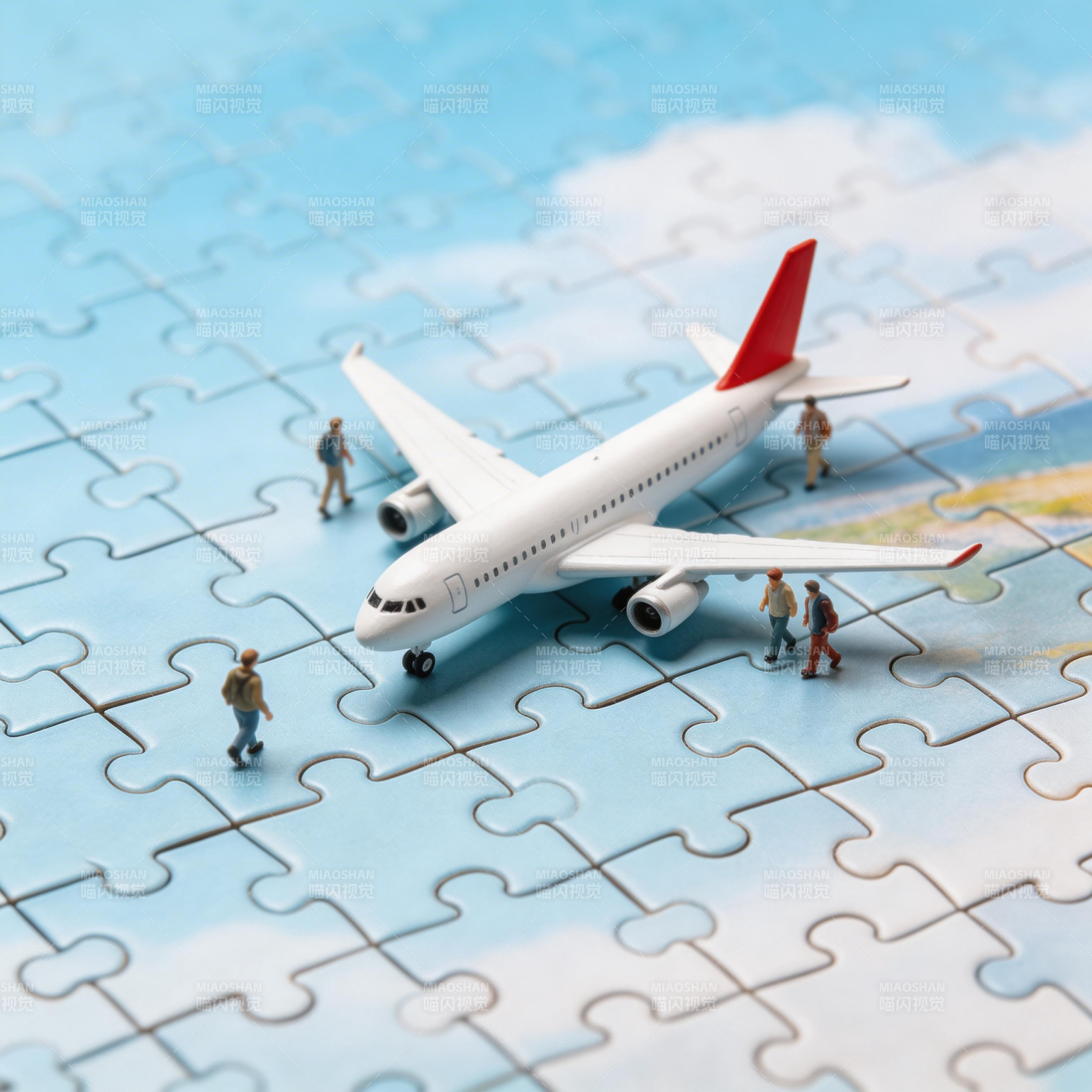 拼图上的飞机与旅人图片